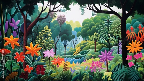 A naive style jungle with lush plants. Tropical garden illustration with green colorful vegetation.