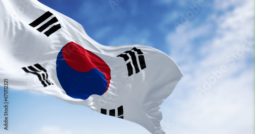 Close-up of national flag of South Korea waving on a clear day photo