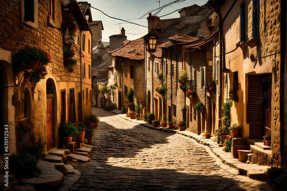A picturesque image of narrow cobblestone streets winding throthroughugh the village.