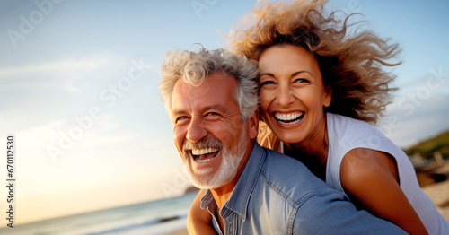 LAUGHING MATURE MAN GIVING HIS WIFE PIGGYBACK RIDE. legal AI