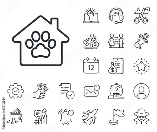 Veterinary clinic sign. Salaryman, gender equality and alert bell outline icons. Pet shelter line icon. Pets care symbol. Pet shelter line sign. Spy or profile placeholder icon. Vector