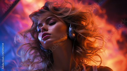 Portrait of a Beautiful Woman in Headphones Listening to Music and Enjoying a Good Mood in Neon Lighting.