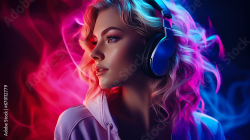 Portrait of a Beautiful Woman in Headphones Listening to Music and Enjoying a Good Mood in Neon Lighting. © Karim Boiko