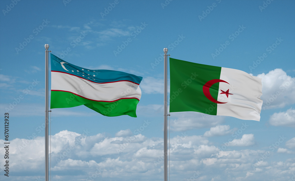 Uzbekistan and Algeria national flags, country relationship concept Uzbekistan and Algeria national flags, country relationship concept
