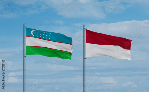 Indonesia and Uzbekistan flags, country relationship concept