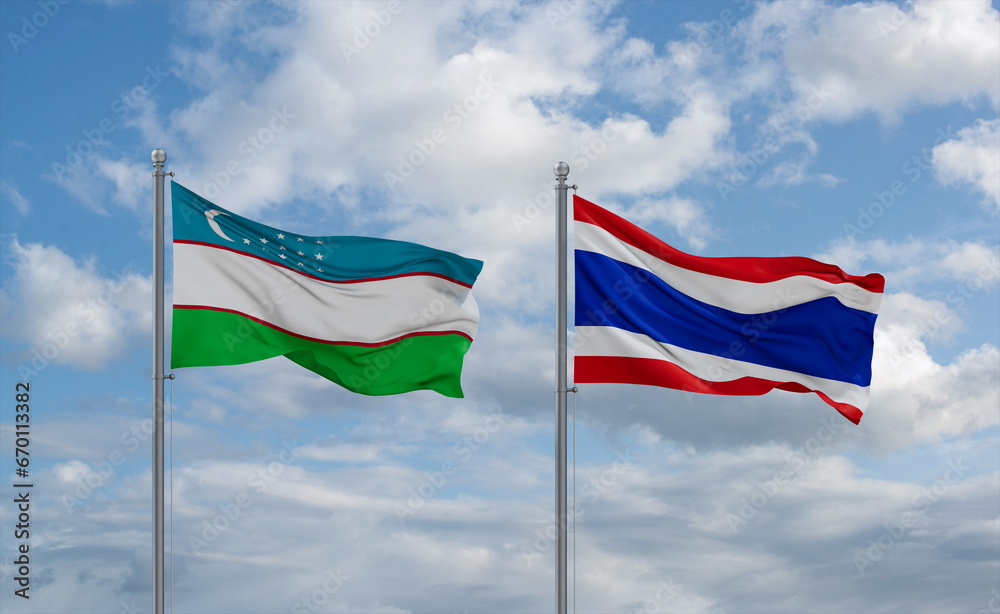 Thailand and Uzbekistan flags, country relationship concept