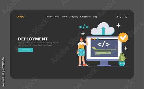 DevOps web banner or landing page dark or night mode. Software development and it operations life cycle, programming and IT service integration and automation. Flat vector illustration