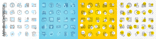 Vector icons set of Teamwork question, Help and Recovery trash line icons pack for web with Partnership, Power, Update data outline icon. Phone payment, Recovery tool, Floor plan pictogram. Vector