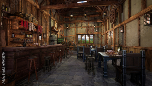 Medieval tavern bar with food and drink on tables and daylight through a window. 3D illustration.