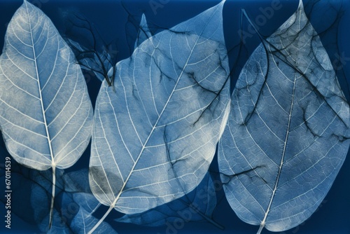 Photographic process using sunlight and cyanotype technique. Skeleton leaf exposure creates beautiful blue prints. Generative AI