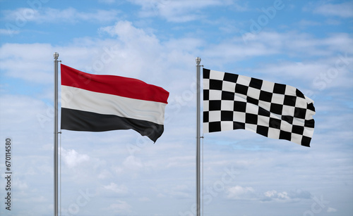 Checkered racing and Yemen flags, country relationship concept