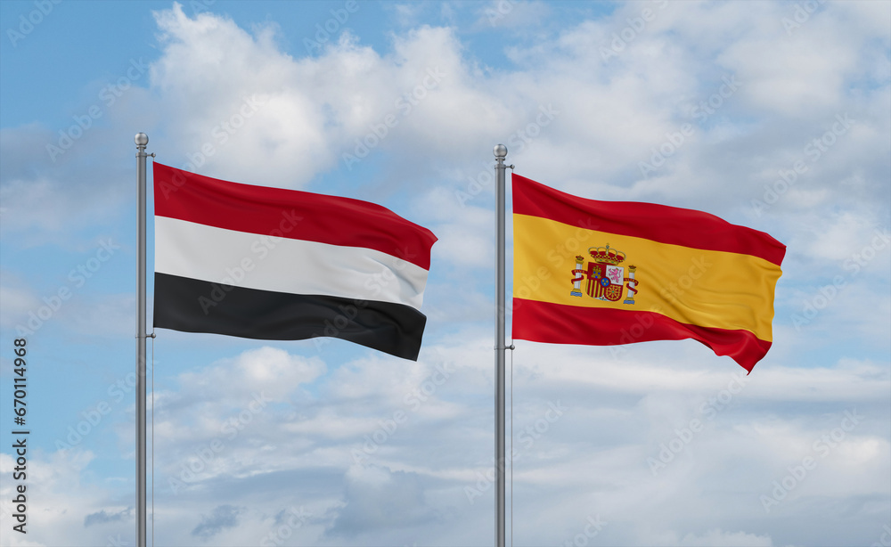 Spain and Yemen flags, country relationship concept Spain and Yemen flags, country relationship concept