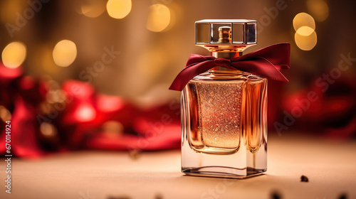 perfume bottle with a red bow on the bokeh background, Christmas advertising campaign