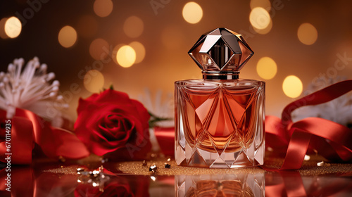 close up of perfume bottle next to a rose and ribbon, holiday and valentines advertising concept © Anastasia Shkut