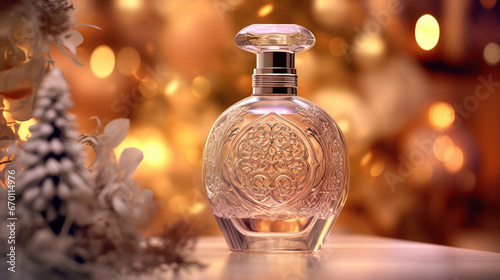 ornate perfume bottle on christmas bokeh background, holiday advertising
