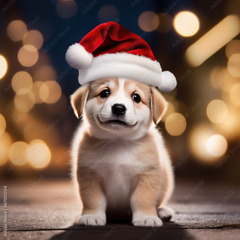 Cute puppy with a Santa hat on blurry background with bokeh lights.