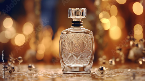 a close-up of a white glass perfume bottle with a cute bow on bokeh background, Christmas advertising campaign
