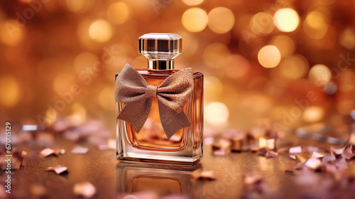 a close-up of a small elegant perfume bottle with a cute bow on bokeh background, Christmas advertising campaign photo