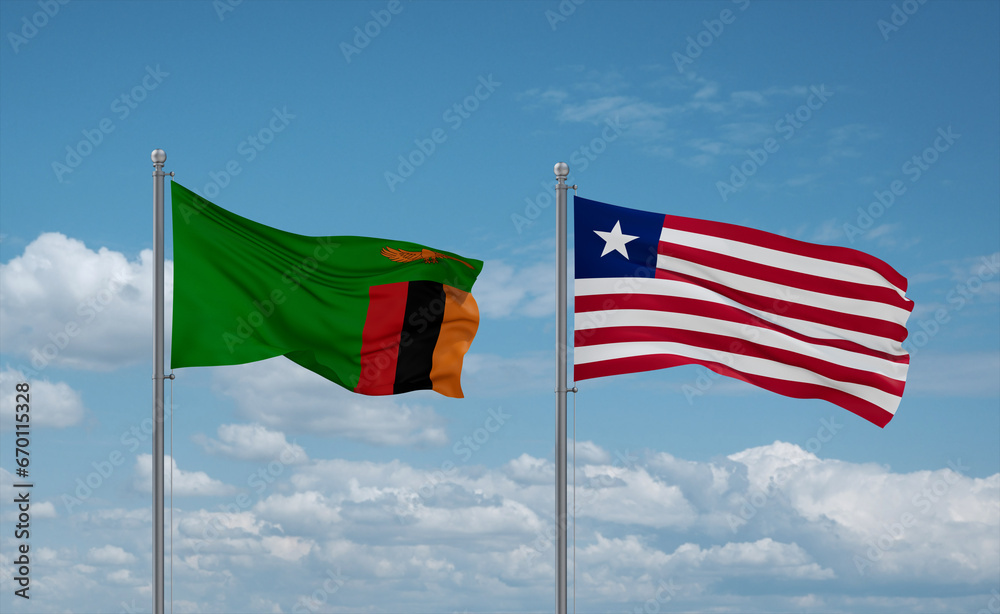Liberia and Zambia flags, country relationship concept