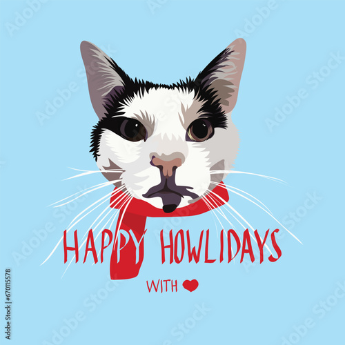 Curious cat in a winter scarf. Xmas winter postcard. "Happy Howlidays" cat Christmas Card for pet lovers. Abstract postcard with detailed illustrations, kitten with whiskers. Cartoon style. Popular. © Natalia