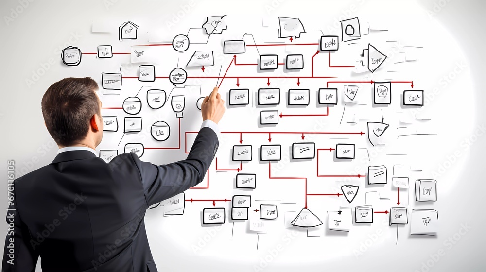 Strategic Planning: Businessman Mapping Processes on Whiteboard