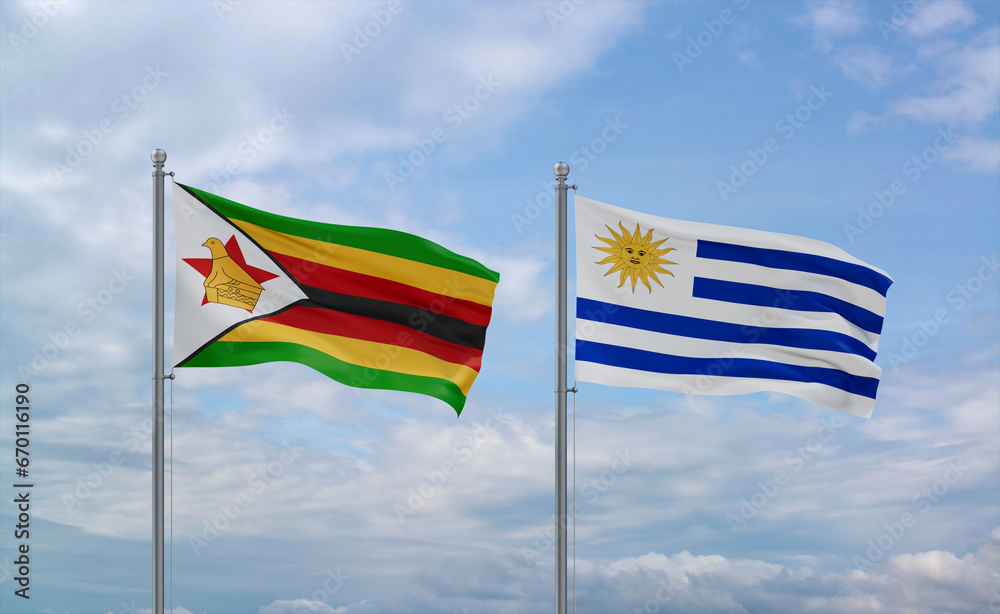 Uruguay and Zimbabwe flags, country relationship concept