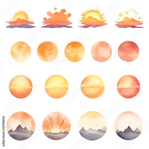 watercolor vector set of sunrise and sunset elements