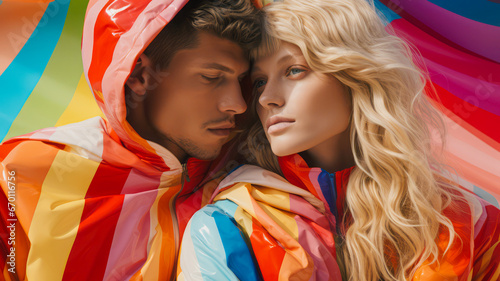 Love portrait of young guy and girl having fun on colorful pastel background. Couple standing and posing, love concept.