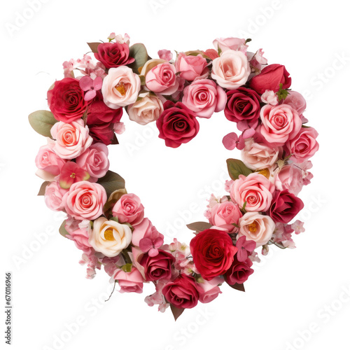 Beautiful floral wreath in shape of heart made of rose flowers isolated on transparent background. St. Valentine s day png decorative clip art element.