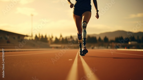 A person with prosthetic leg is jogging. Person with disability in positive lifestyle
