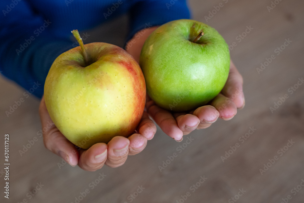 The woman holds fruits in her hand. The girl holds an apple. Apples in woman's hands. Green apples. The woman holds fruits in her hand. The girl holds an apple. Apples in woman's hands. Green apples.