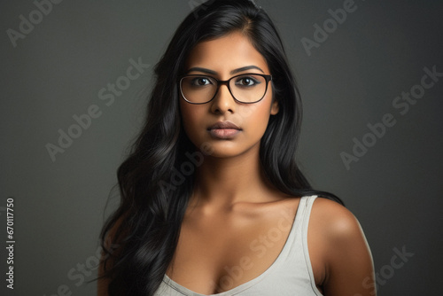 Portrait of a beautiful young indian woman wearing glasses on grey background.