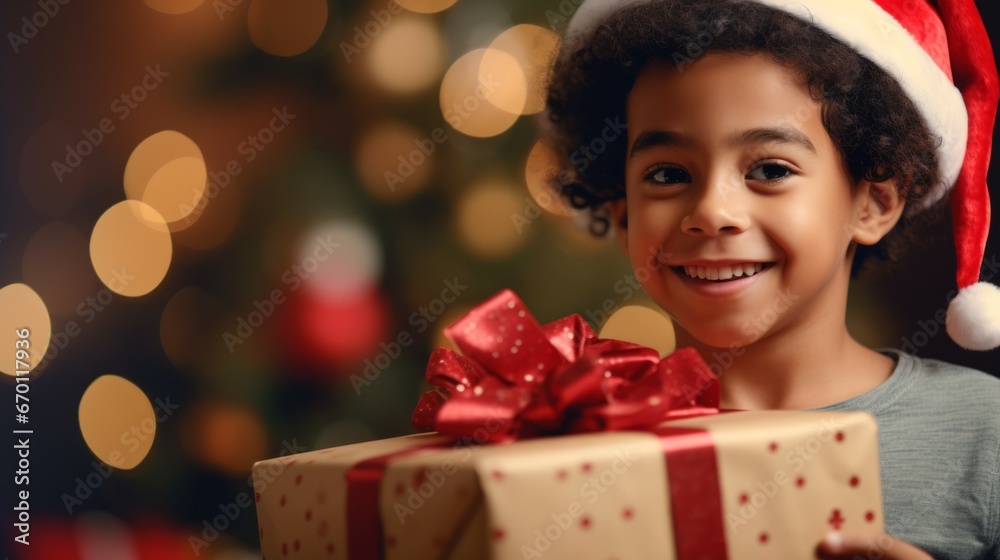 Little boy in Santa hat holding a gift box on christmas background Little boy in Santa hat holding a gift box on christmas background