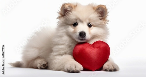 small white dog holding a red heart © Piotr