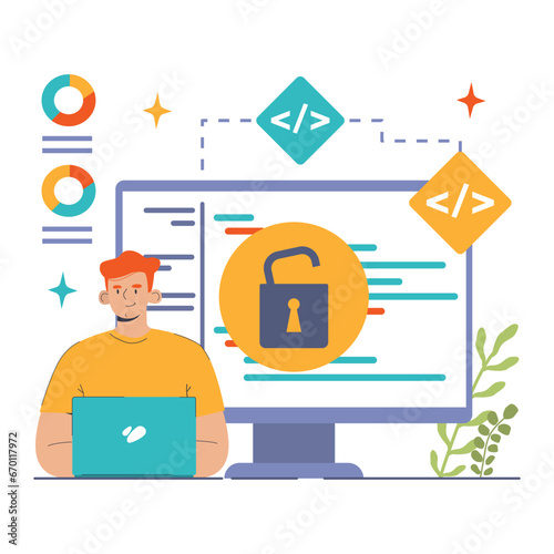 Open source. Software with code available for use, modification, and distribution. Collaborative free accessible software. Flat vector illustration