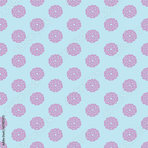 Seamless vector pattern with hand-drawn magenta chrysanthemum flowers in a grid on a bright blue background. Fun and quirky modern botanical perfect for fabric, stationery.