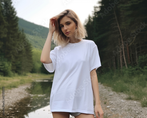 A tshirt mock up of a blonde caucasian woman model wearing a blank oversized white tshirt like a dress. In the background is a forest with trees, hills and pathway with water