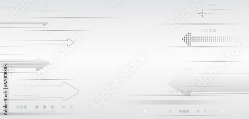 Grey background consisting of horizontal stripes of arrows, square particles, and shadow lines. Vector technology design for banner or presentation. Data transfer, Internet communications.