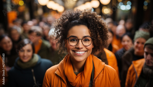 Radiant young woman with curly hair and glasses smiling, wearing an orange jacket amidst a bustling crowd with warm lighting.