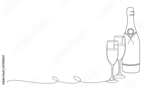 glass winebottle vector line art style illustration. cheers beer continuous outline drawing