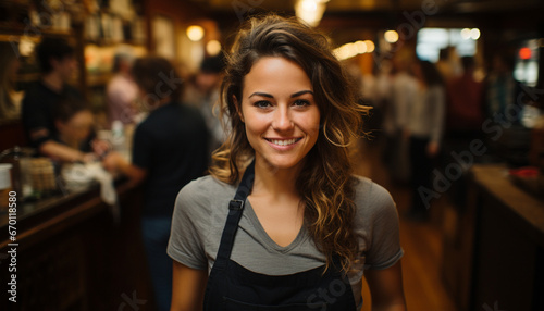 Radiant young brunette with wavy hair, donning a black apron over a gray shirt, stands in a bustling vintage coffee shop setting