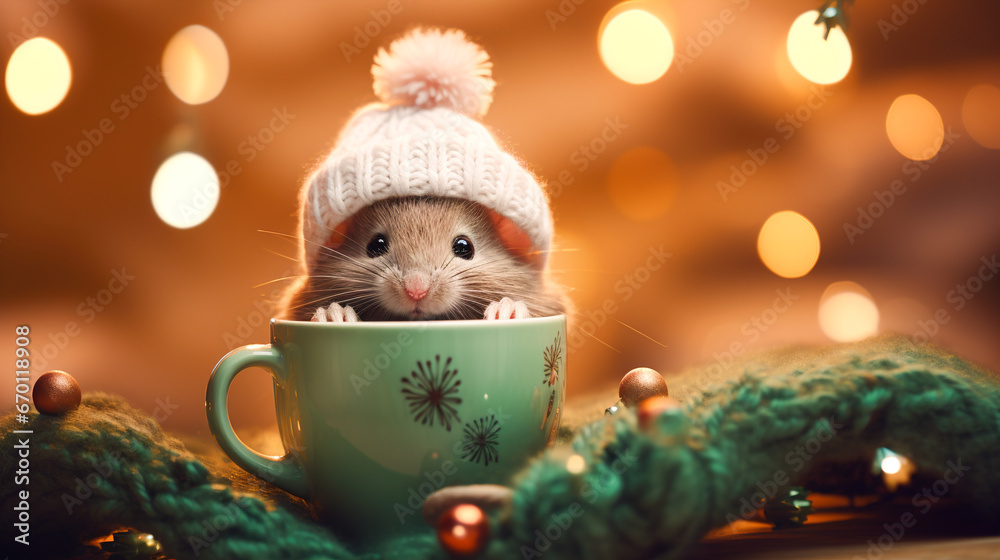 A cheerful cute mouse in a knitted hat sitting in cup against the background of a winter forest with fir trees, snow and colorful lights. Postcard for the New Year holidays. - obrazy, fototapety, plakaty 