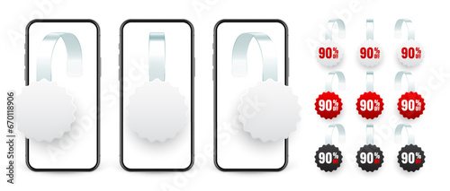 Supermarket promotional wobblers and smartphone. Realistic wobbler for shelf advertising. Sale, percent discount label. Special offer price tag. Online, web shop concept. Vector illustration