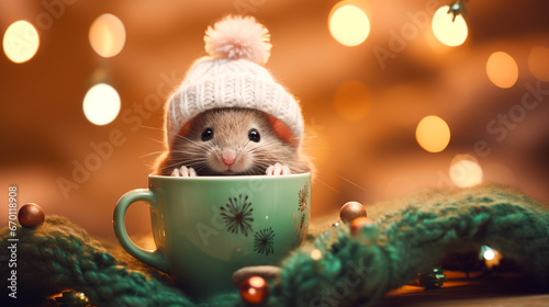 A cheerful cute mouse in a knitted hat sitting in cup against the background of a winter forest with fir trees, snow and colorful lights. Postcard for the New Year holidays.