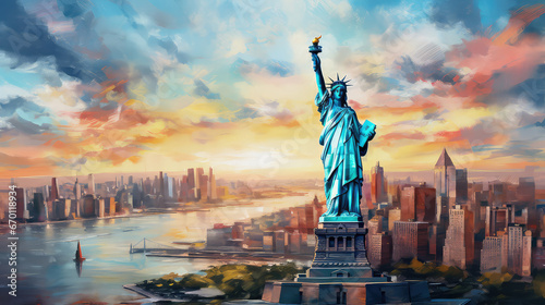 oil painting on canvas, The Statue of Liberty with One World Trade Center background, Landmarks of New York City, USA.