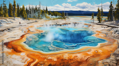 oil painting on canvas, Grand Prismatic Spring in Yellowstone National Park. USA. photo