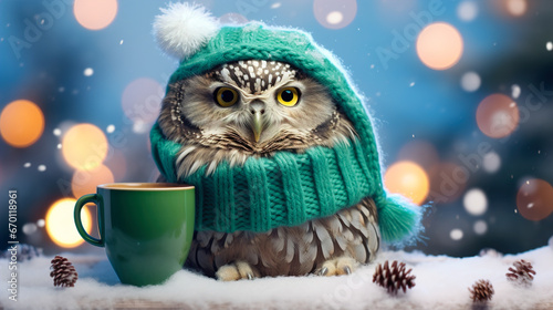 A cheerful cute owl in a knitted hat against the background of a winter forest with fir trees, snow and colorful lights. Postcard for the New Year holidays.