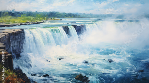 oil painting on canvas, Niagara falls between United States of America and Canada.