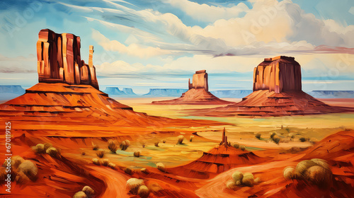 oil painting on canvas, Sunrise view at Monument Valley, Arizona, USA.