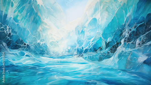 oil painting on canvas, Inside an ice cave in Vatnajokull, Iceland. The ice is thousands of years old and so packed it is harder than steel and crystal clear. USA. photo
